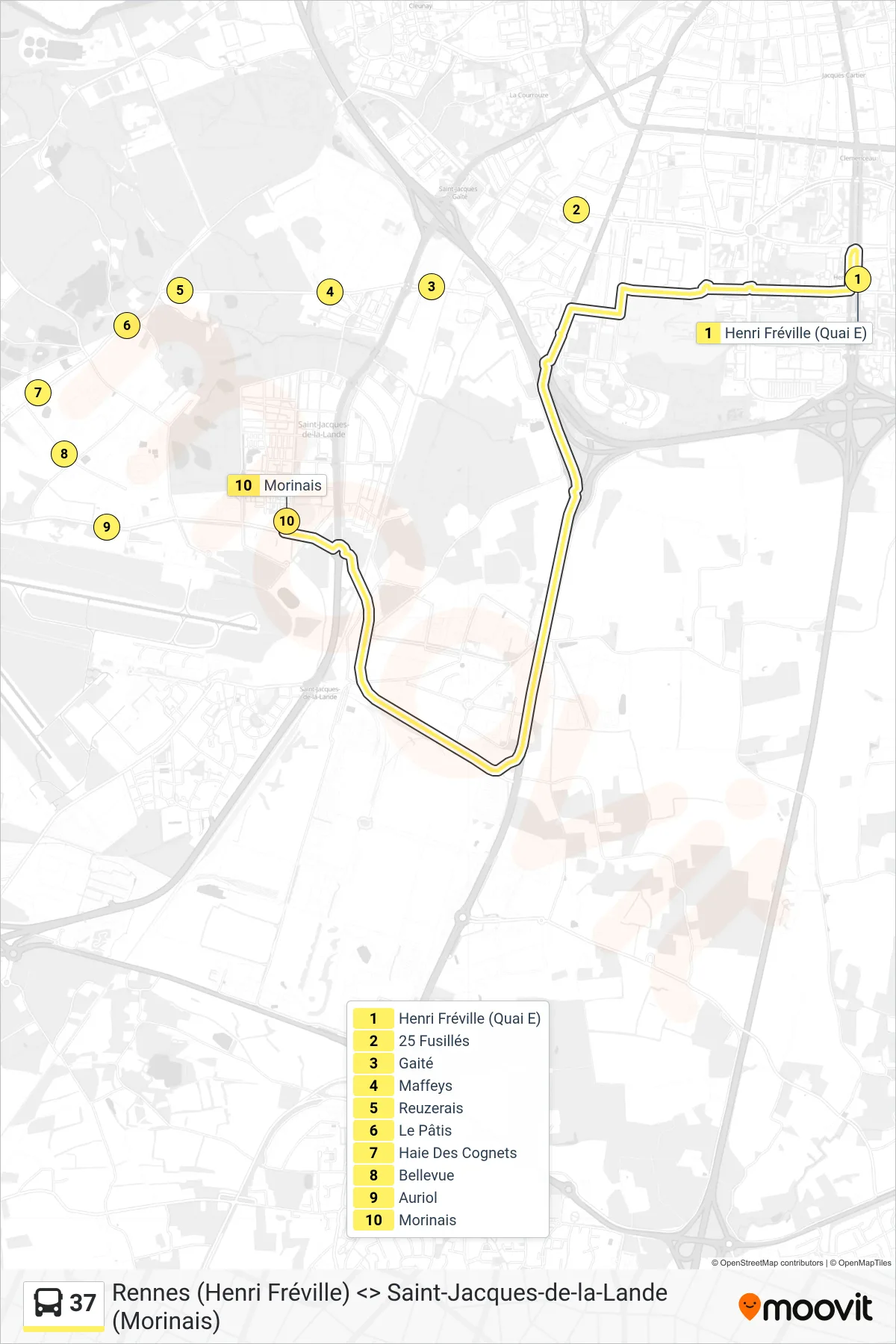 Tracé et arrêts de la ligne 37 de bus (Saint-Jacques Morinais) sur une carte