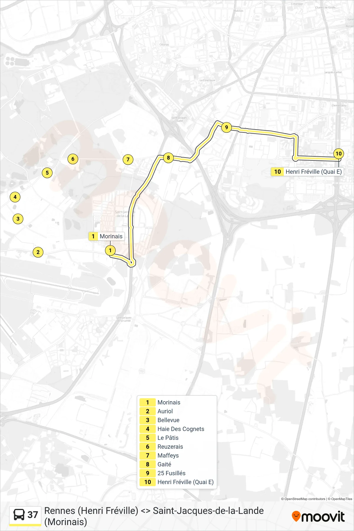 Tracé et arrêts de la ligne 37 de bus (Rennes Henri Fréville) sur une carte