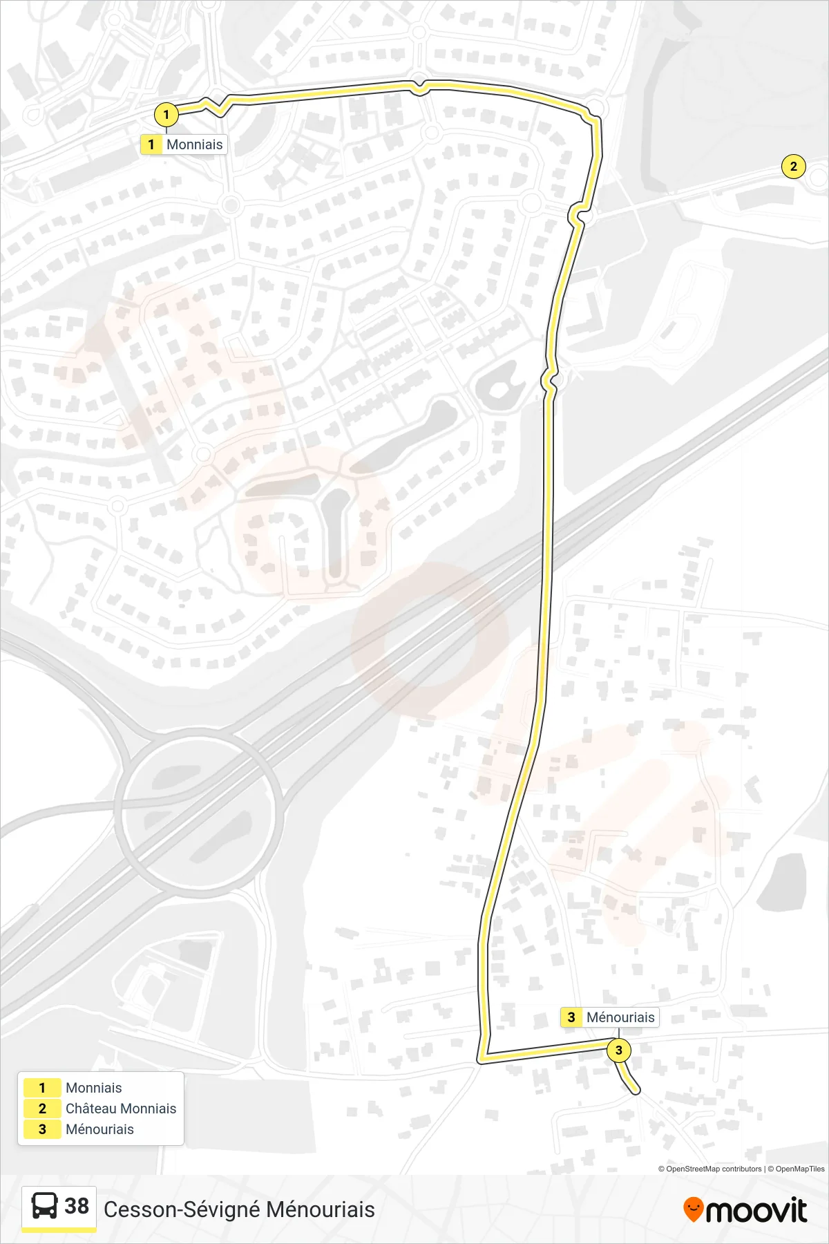 Tracé et arrêts de la ligne 38 de bus (Cesson-Sévigné Ménouriais) sur une carte