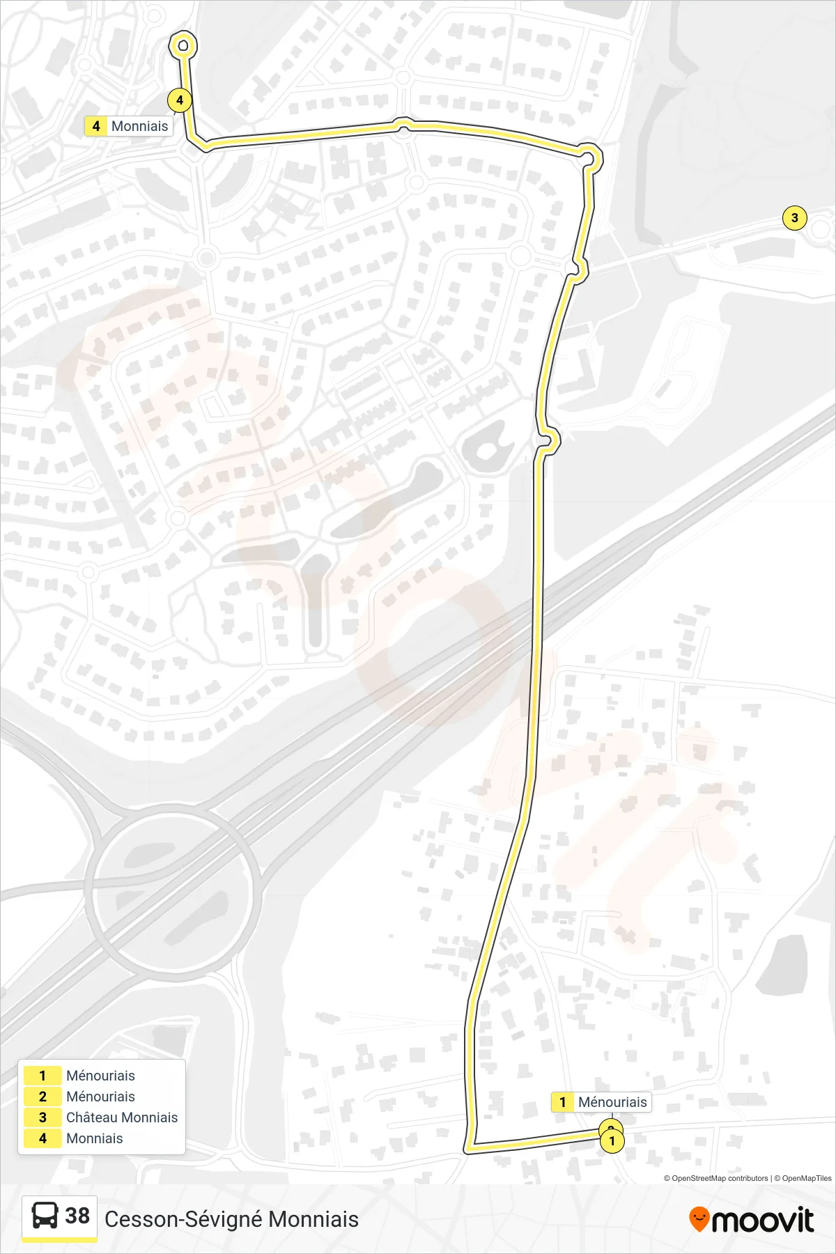 Tracé et arrêts de la ligne 38 de bus (Cesson-Sévigné Monniais) sur une carte