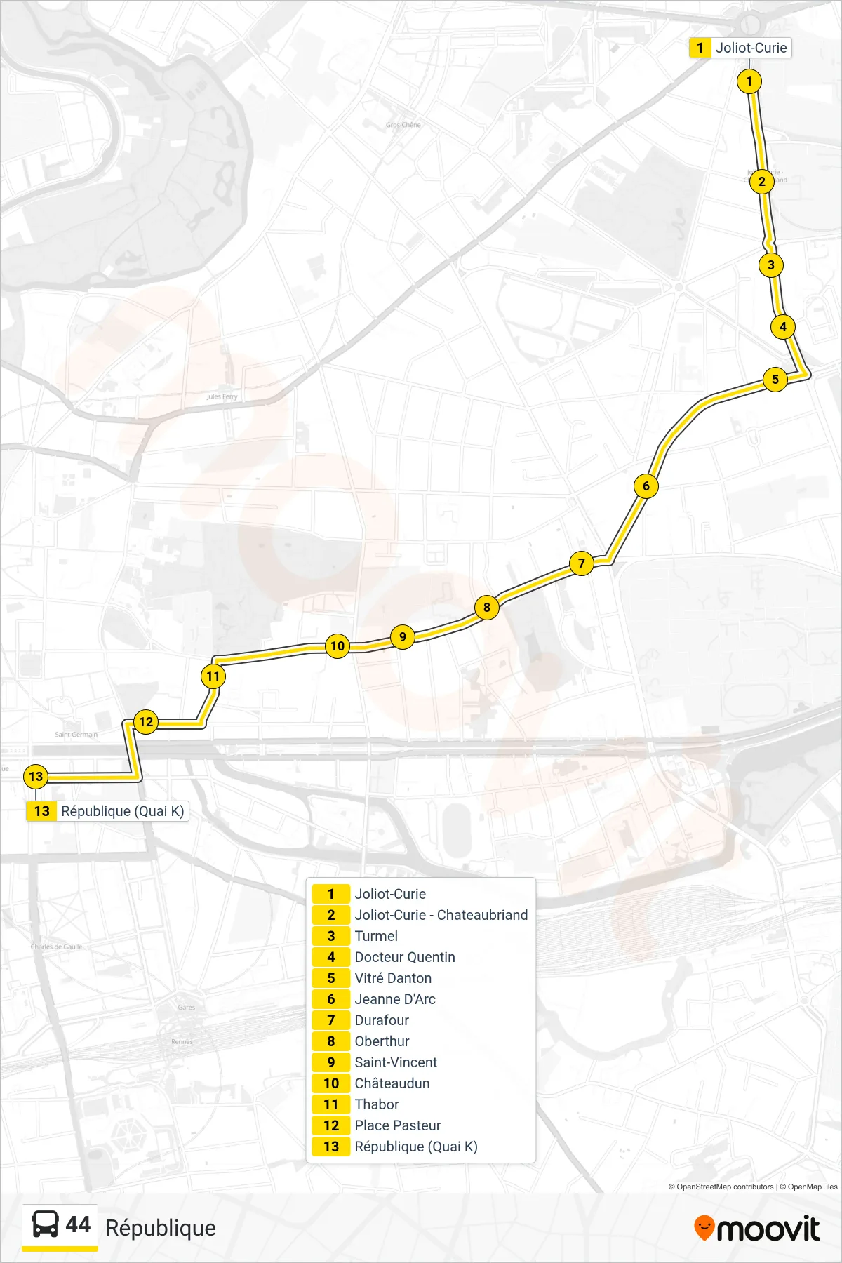 Tracé et arrêts de la ligne 44 de bus (République) sur une carte