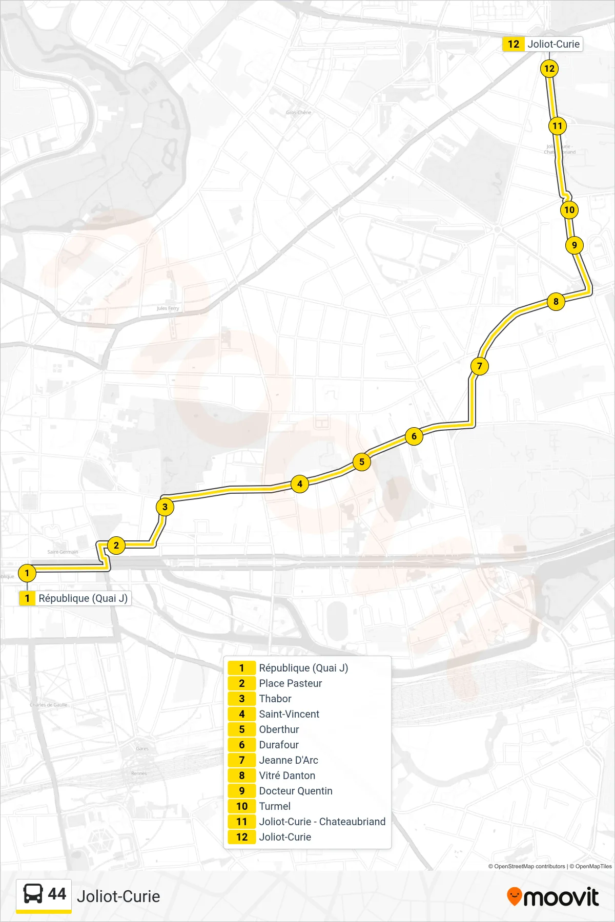 Tracé et arrêts de la ligne 44 de bus (Joliot-Curie) sur une carte