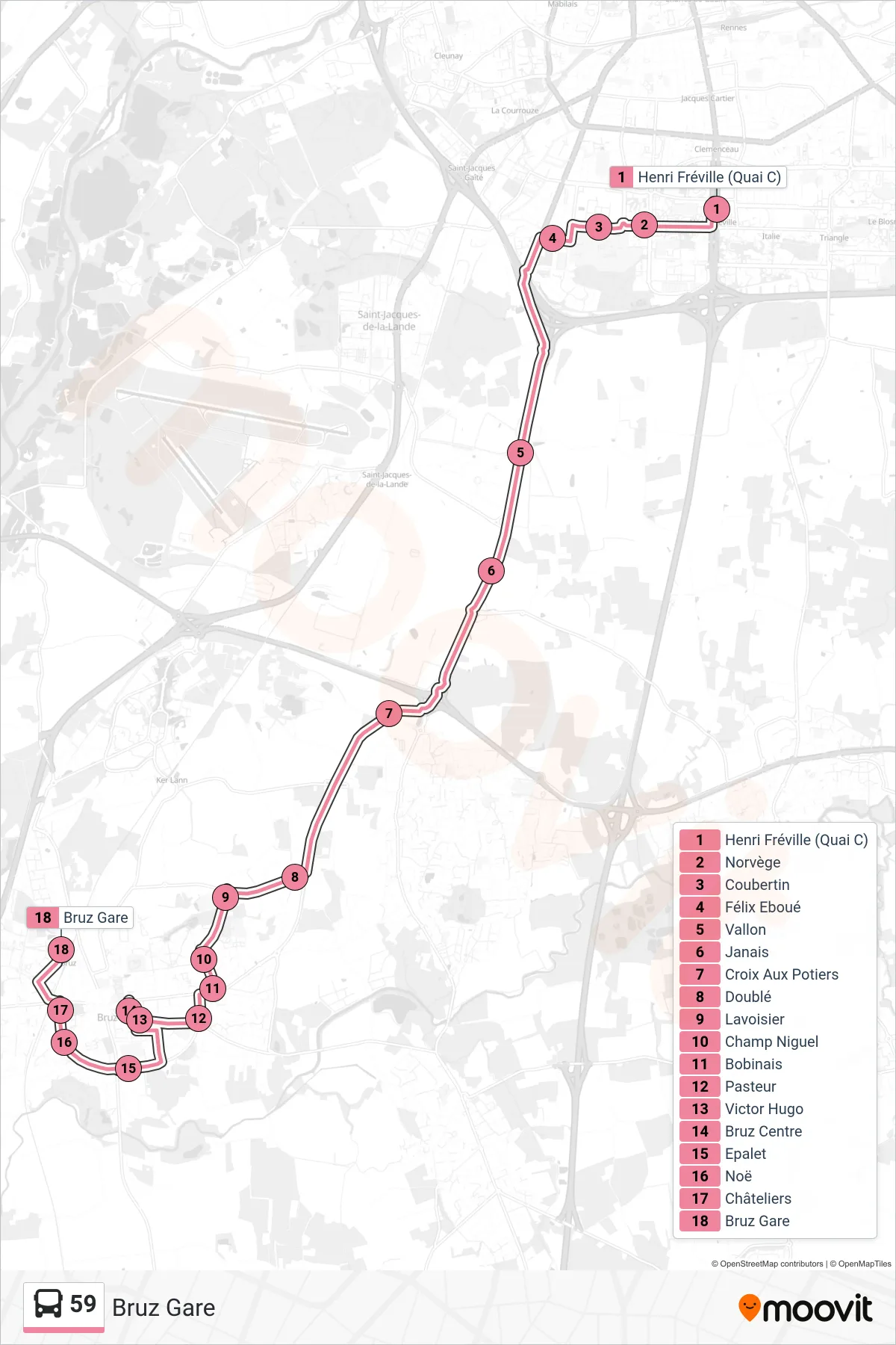 Tracé et arrêts de la ligne 59 de bus (Bruz Gare) sur une carte