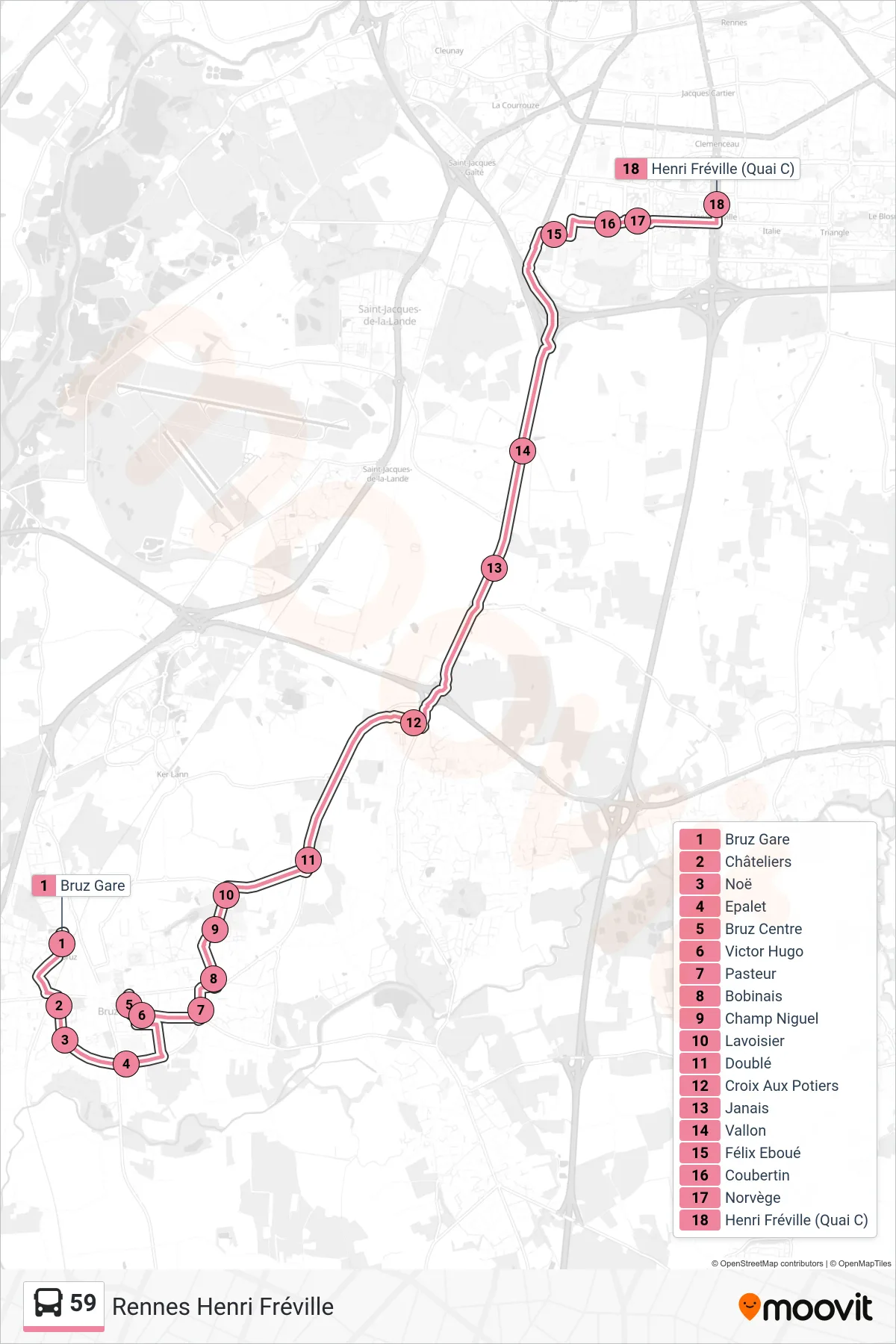 Tracé et arrêts de la ligne 59 de bus (Rennes Henri Fréville) sur une carte