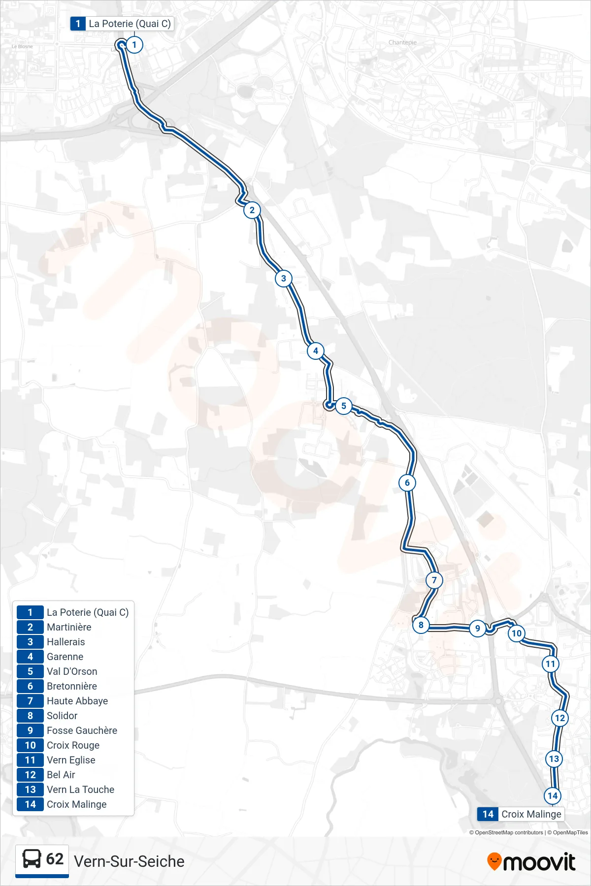 Tracé et arrêts de la ligne 62 de bus (Vern-Sur-Seiche) sur une carte