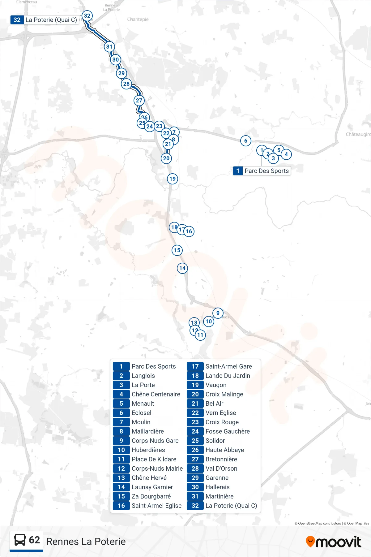 Tracé et arrêts de la ligne 62 de bus (Rennes La Poterie) sur une carte