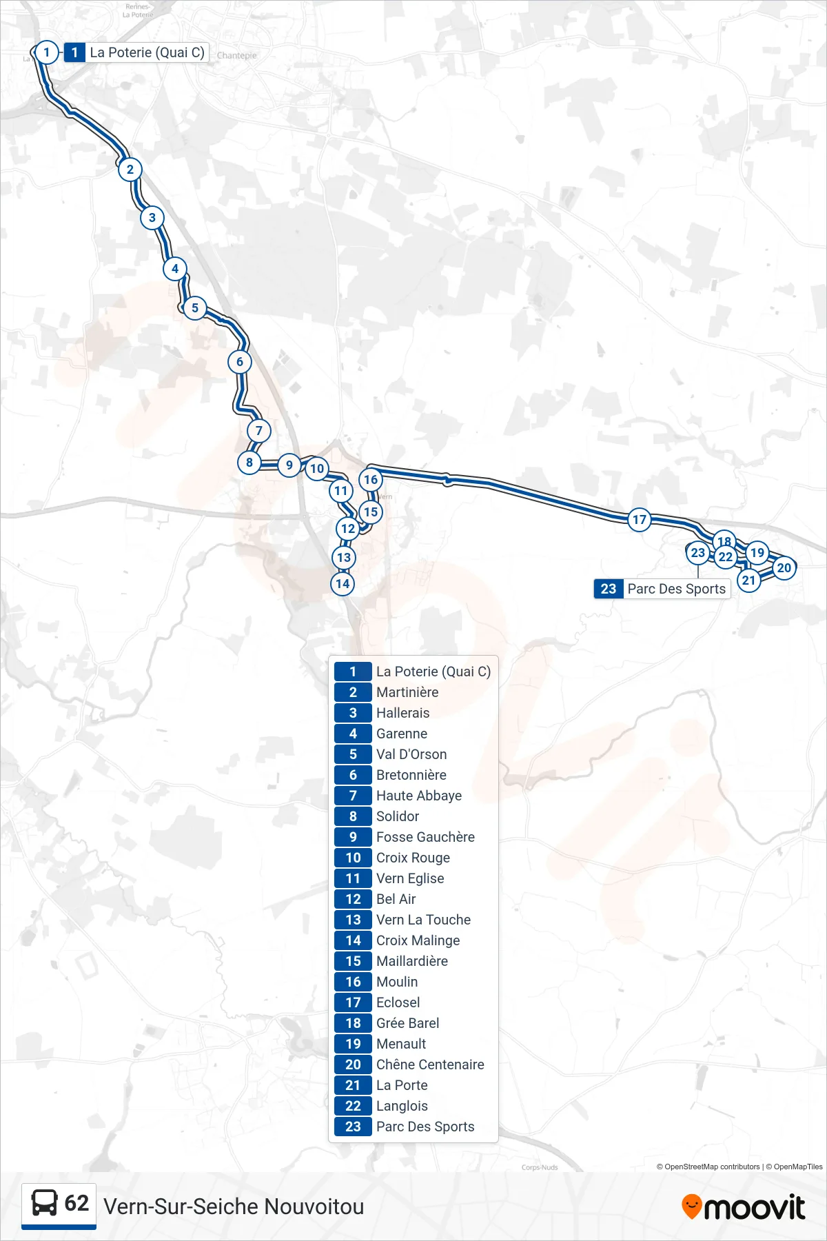Tracé et arrêts de la ligne 62 de bus (Vern-Sur-Seiche Nouvoitou) sur une carte