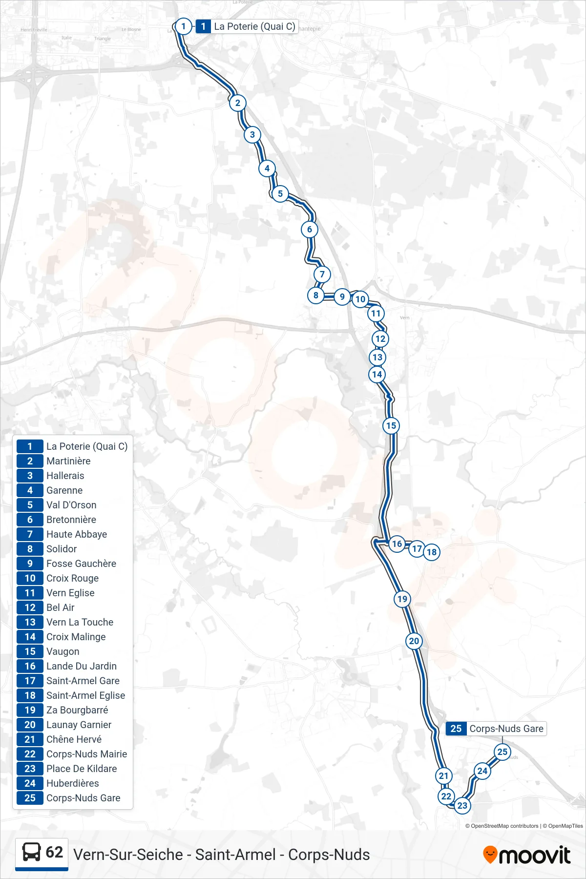 Tracé et arrêts de la ligne 62 de bus (Vern-Sur-Seiche - Saint-Armel - Corps-Nuds) sur une carte