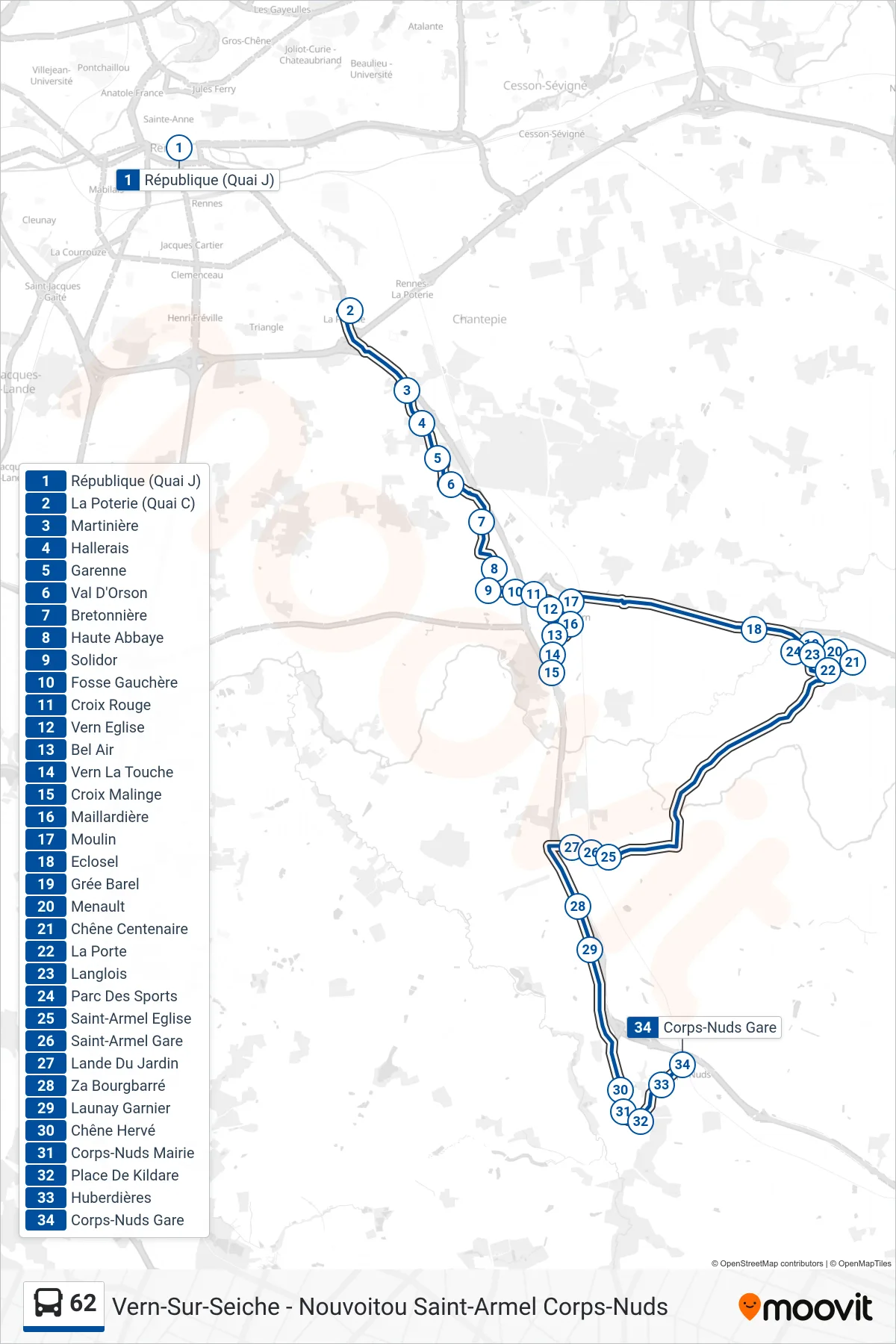 Tracé et arrêts de la ligne 62 de bus (Vern-Sur-Seiche - Nouvoitou Saint-Armel Corps-Nuds) sur une carte