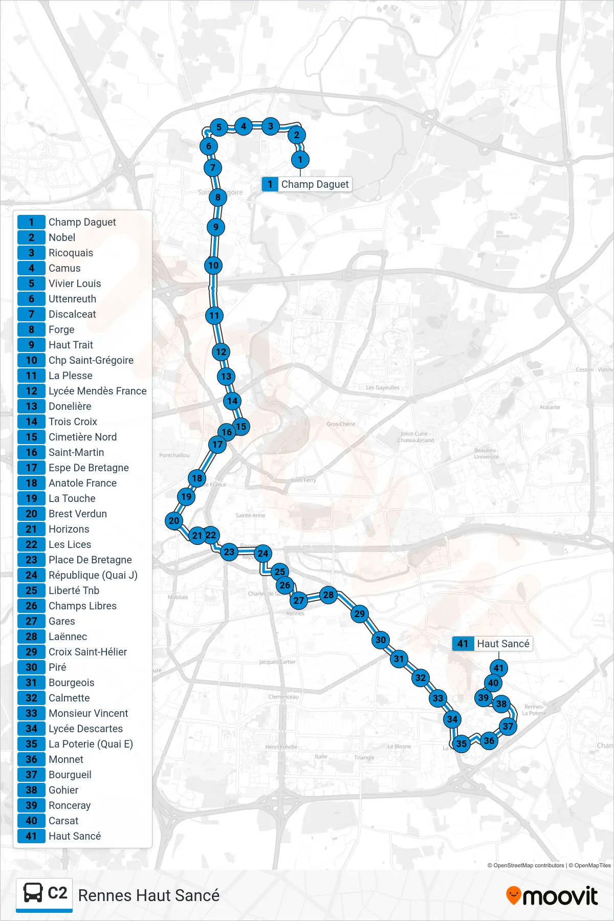 Tracé et arrêts de la ligne C2 de bus (Rennes Haut Sancé) sur une carte
