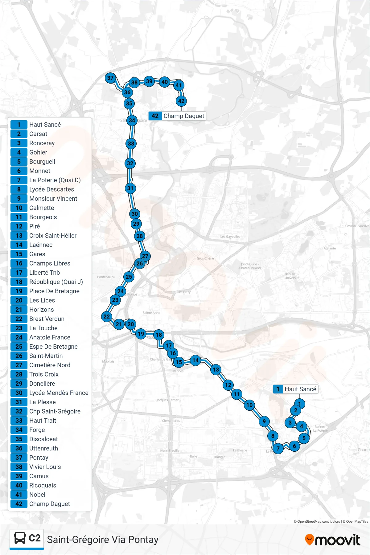 Tracé et arrêts de la ligne C2 de bus (Saint-Grégoire Via Pontay) sur une carte