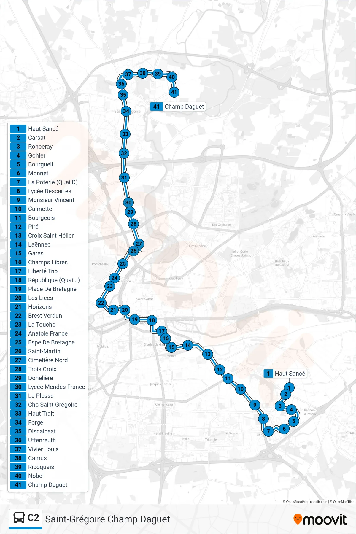 Tracé et arrêts de la ligne C2 de bus (Saint-Grégoire Champ Daguet) sur une carte