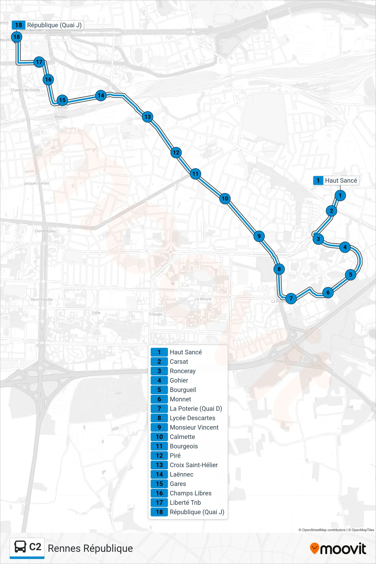 Tracé et arrêts de la ligne C2 de bus (Rennes République) sur une carte