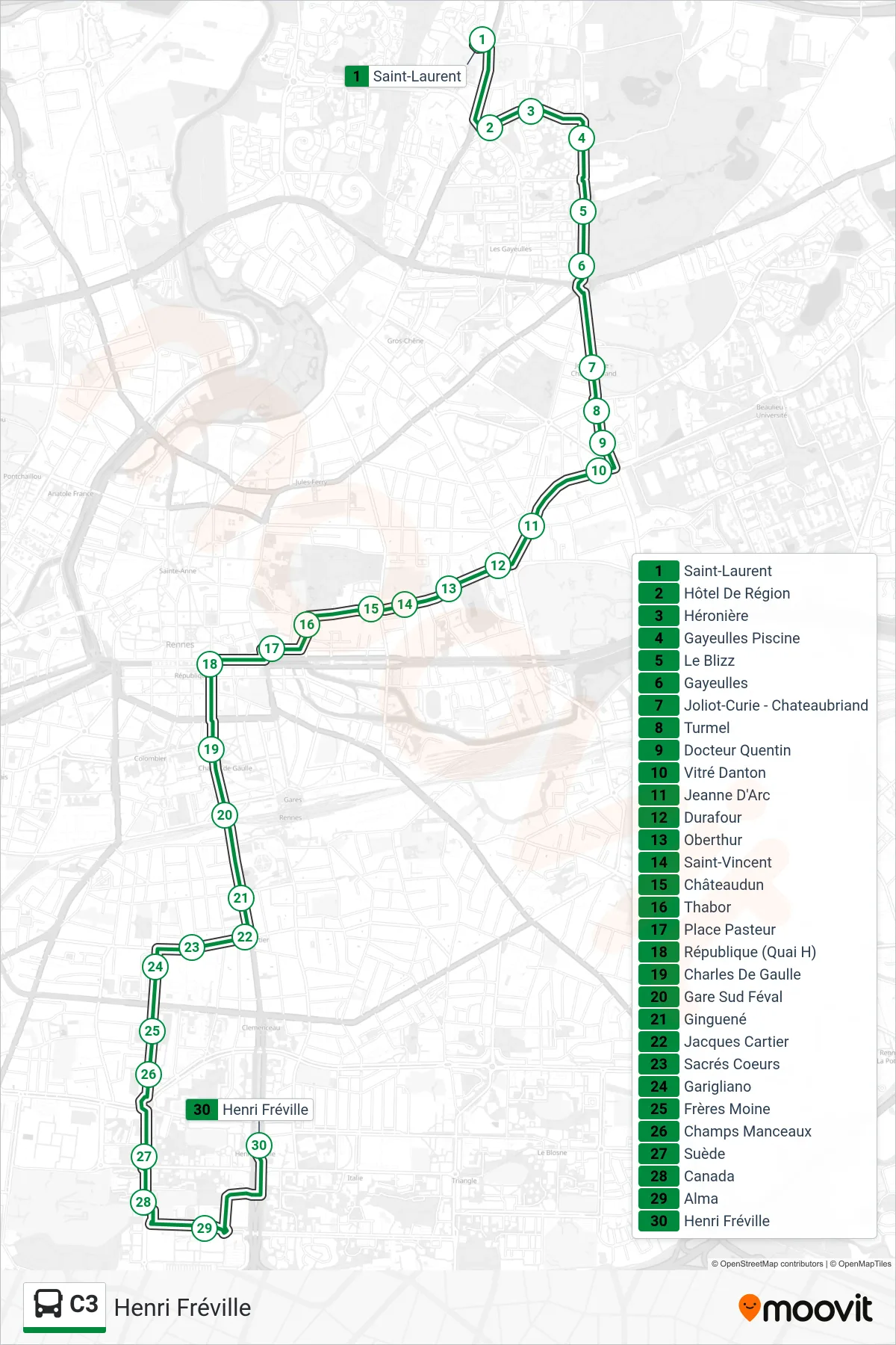 Tracé et arrêts de la ligne C3 de bus (Henri Fréville) sur une carte