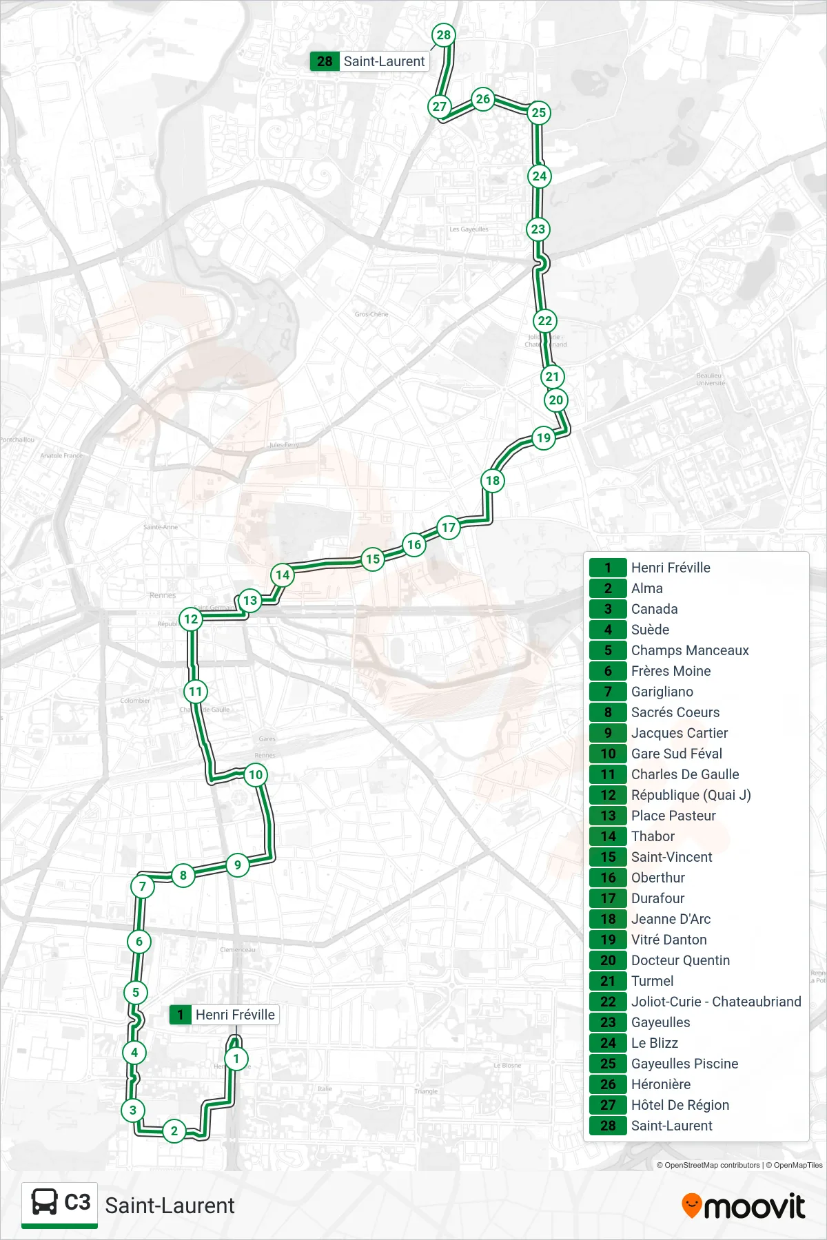 Tracé et arrêts de la ligne C3 de bus (Saint-Laurent) sur une carte