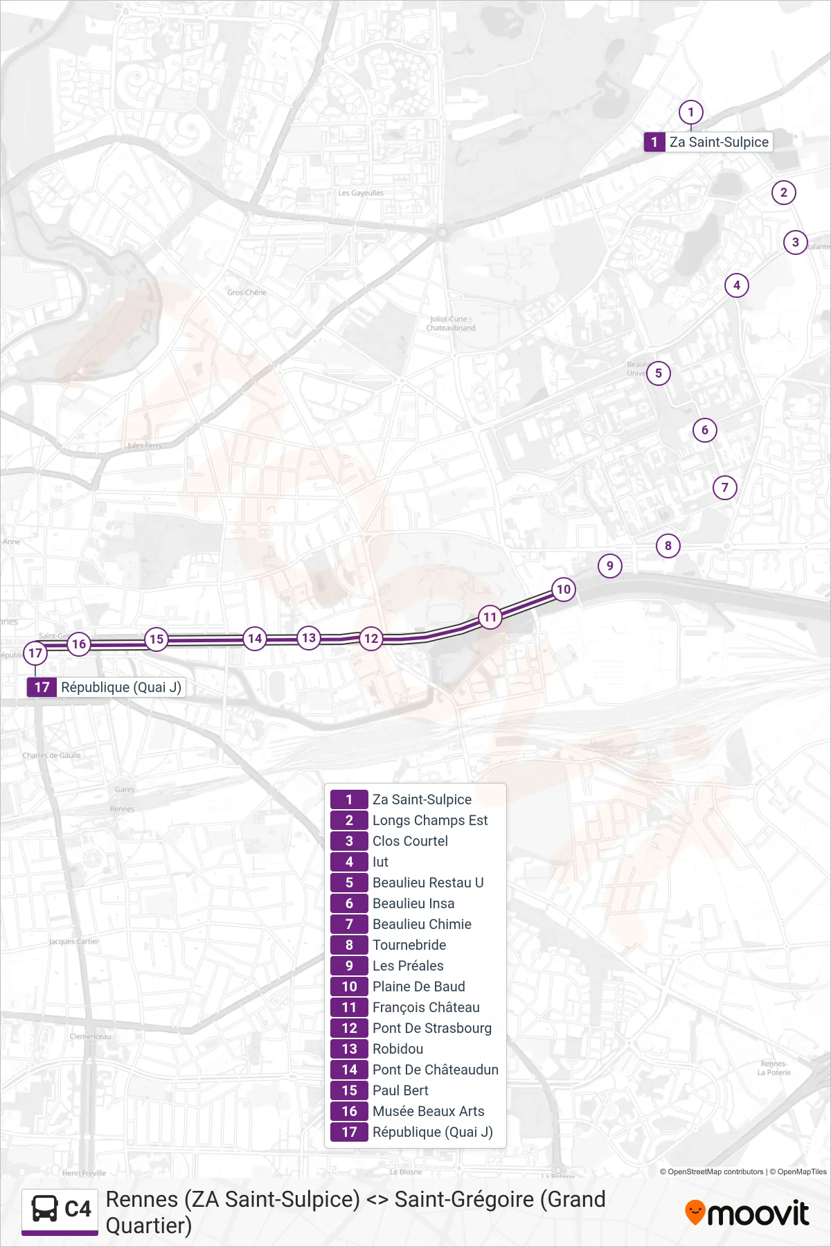 Tracé et arrêts de la ligne C4 de bus (République) sur une carte