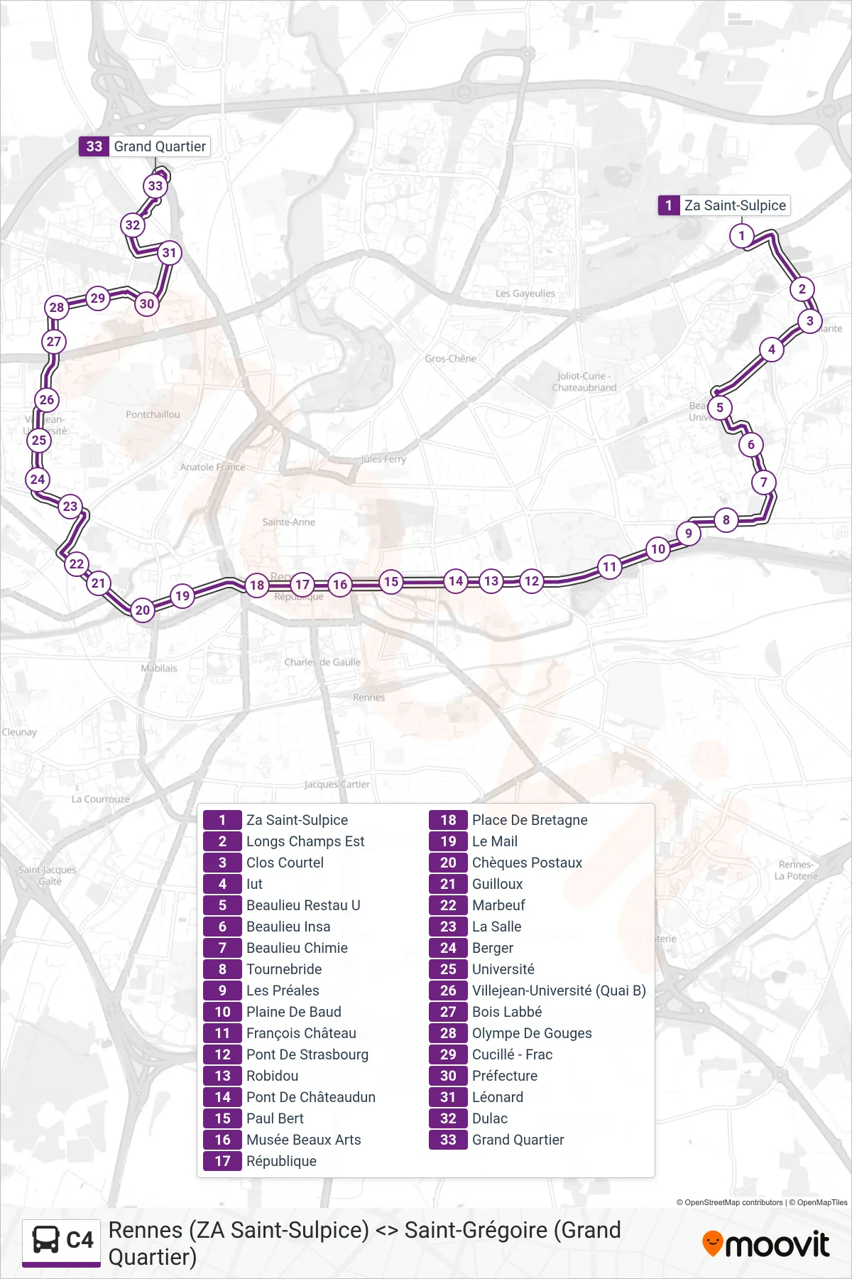 Tracé et arrêts de la ligne C4 de bus (Grand Quartier) sur une carte
