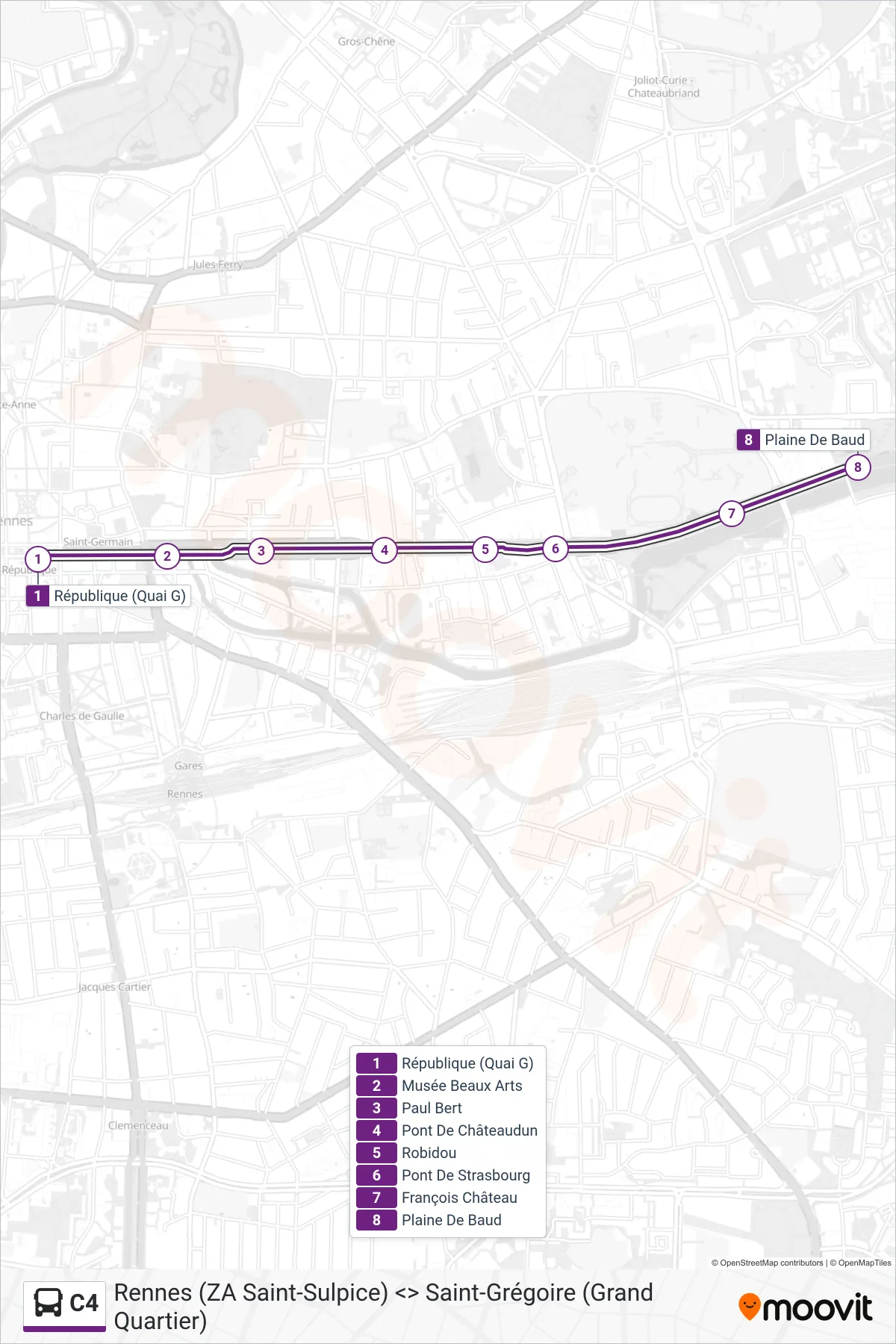 Tracé et arrêts de la ligne C4 de bus (Plaine De Baud) sur une carte