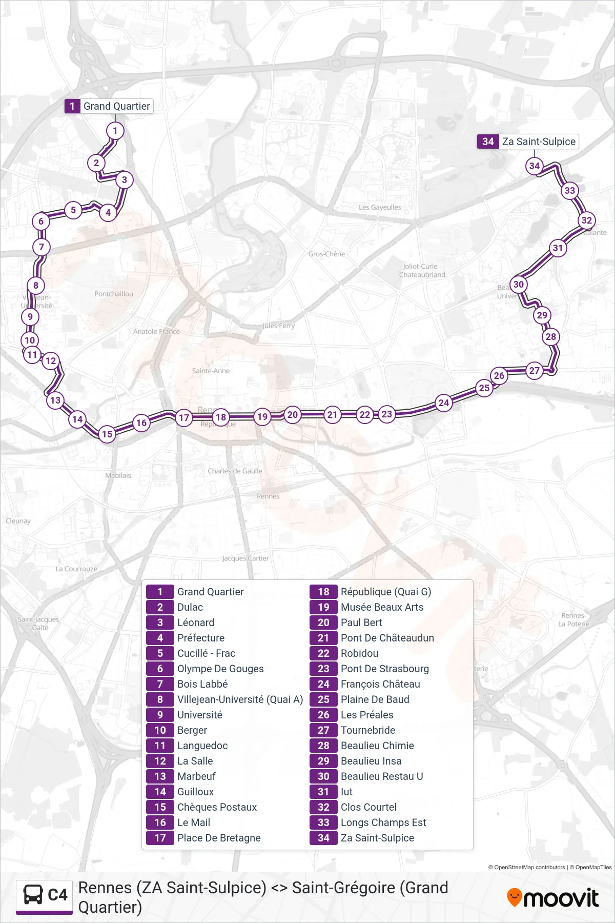Tracé et arrêts de la ligne C4 de bus (Za Saint-Sulpice) sur une carte