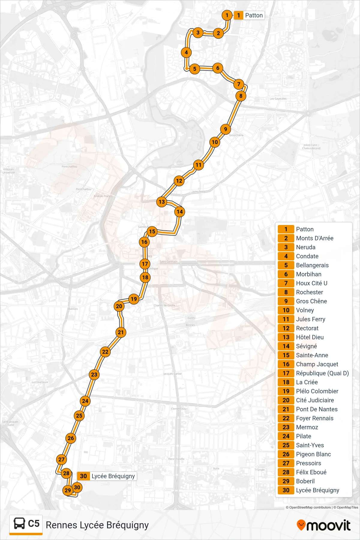 Tracé et arrêts de la ligne C5 de bus (Rennes Lycée Bréquigny) sur une carte