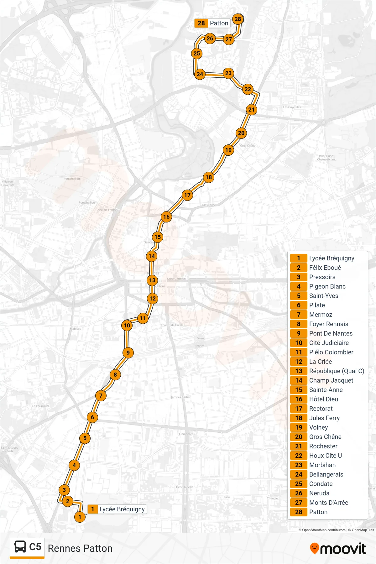 Tracé et arrêts de la ligne C5 de bus (Rennes Patton) sur une carte