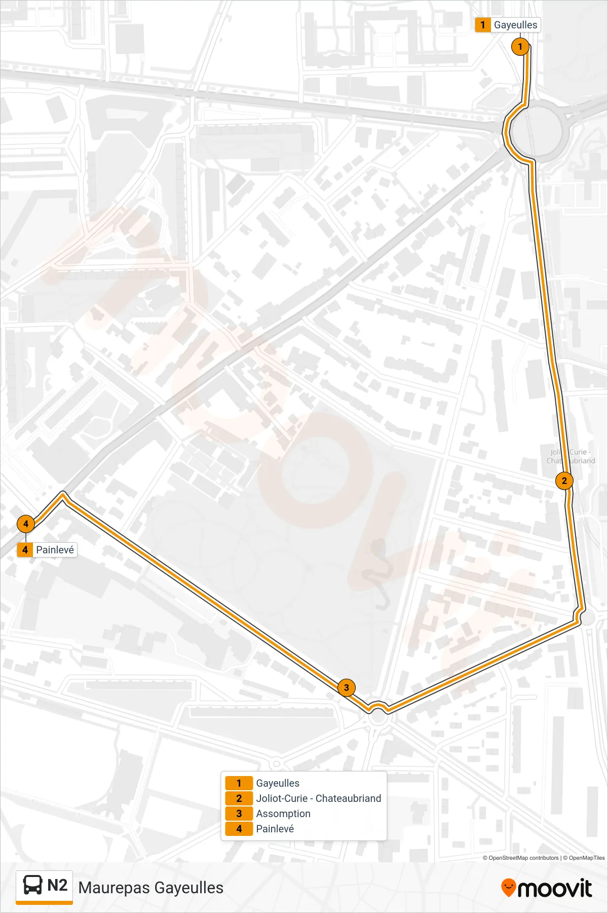 Tracé et arrêts de la ligne N2 de bus (Maurepas Gayeulles) sur une carte