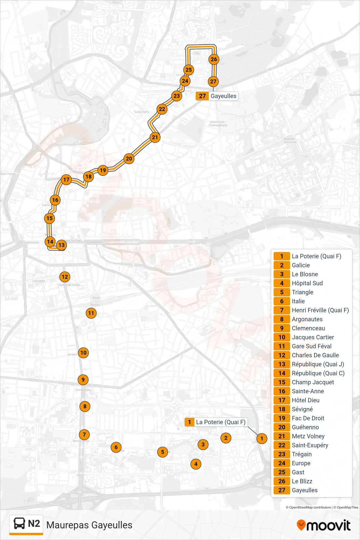 Tracé et arrêts de la ligne N2 de bus (Maurepas Gayeulles) sur une carte