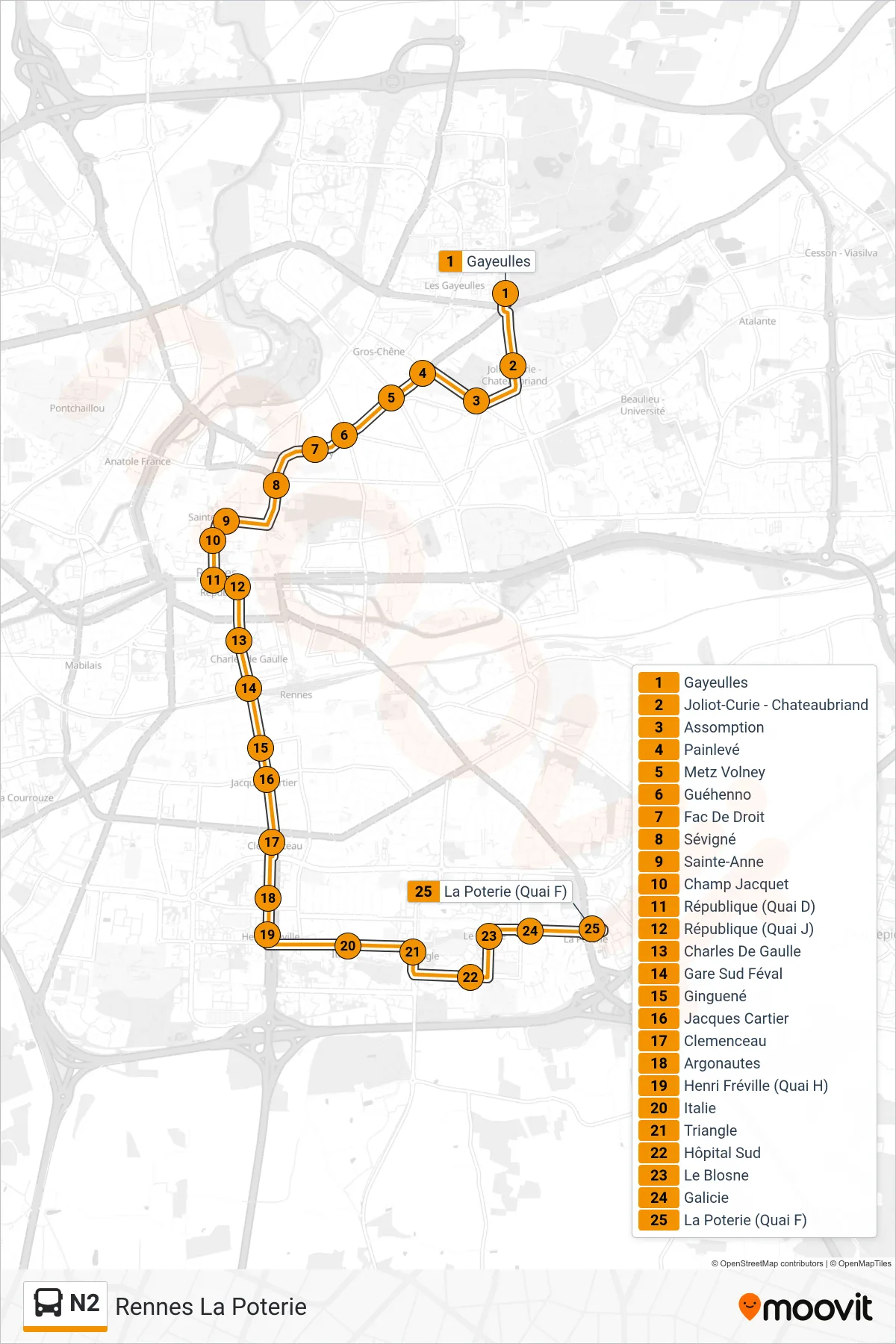 Tracé et arrêts de la ligne N2 de bus (Rennes La Poterie) sur une carte