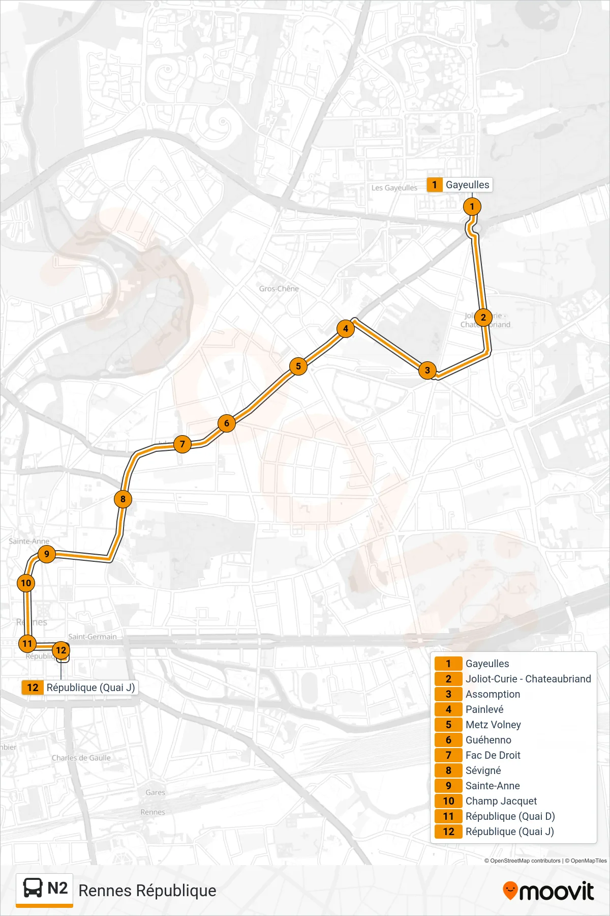 Tracé et arrêts de la ligne N2 de bus (Rennes République) sur une carte