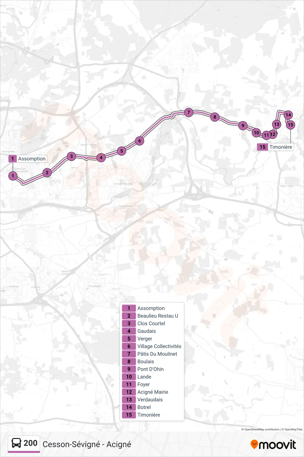 Tracé et arrêts de la ligne 200 de bus (Cesson-Sévigné - Acigné) sur une carte