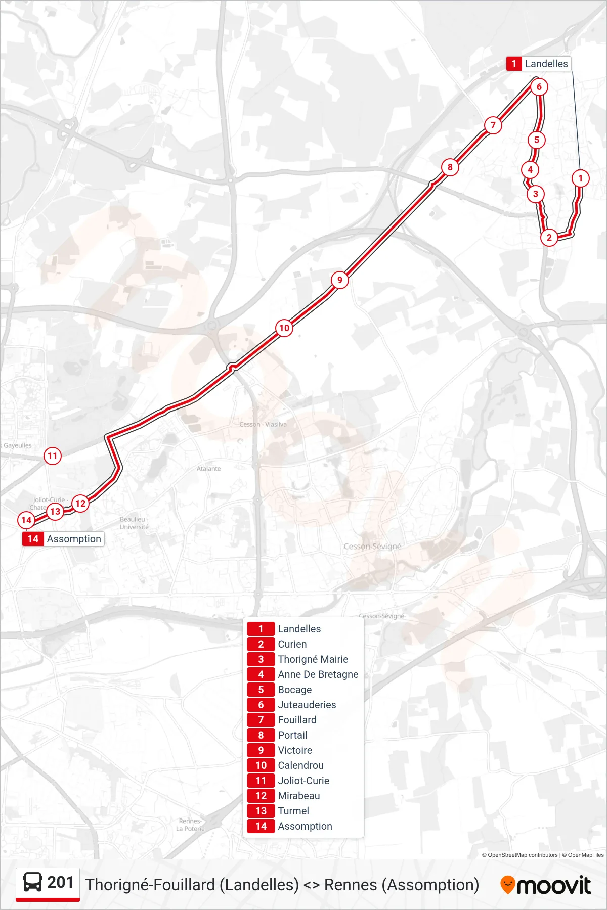 Tracé et arrêts de la ligne 201 de bus (Rennes) sur une carte