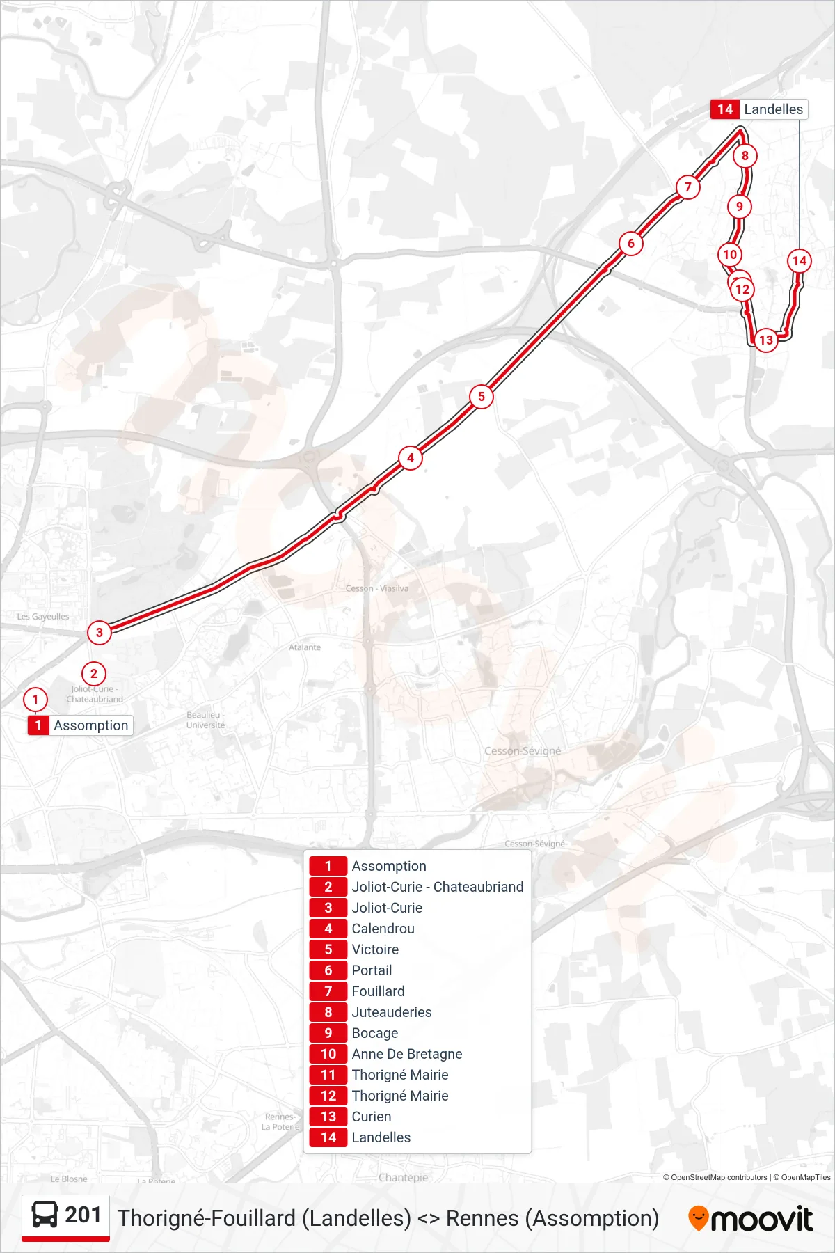 201 bus Line (Cesson-Sévigné - Thorigné-Fouillard) route and stops on a map