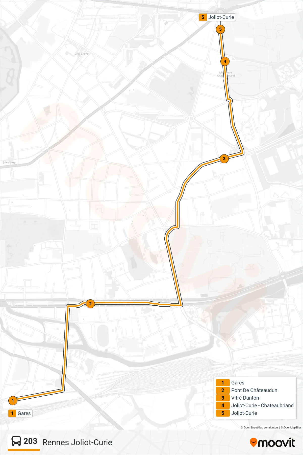 Tracé et arrêts de la ligne 203 de bus (Rennes Joliot-Curie) sur une carte