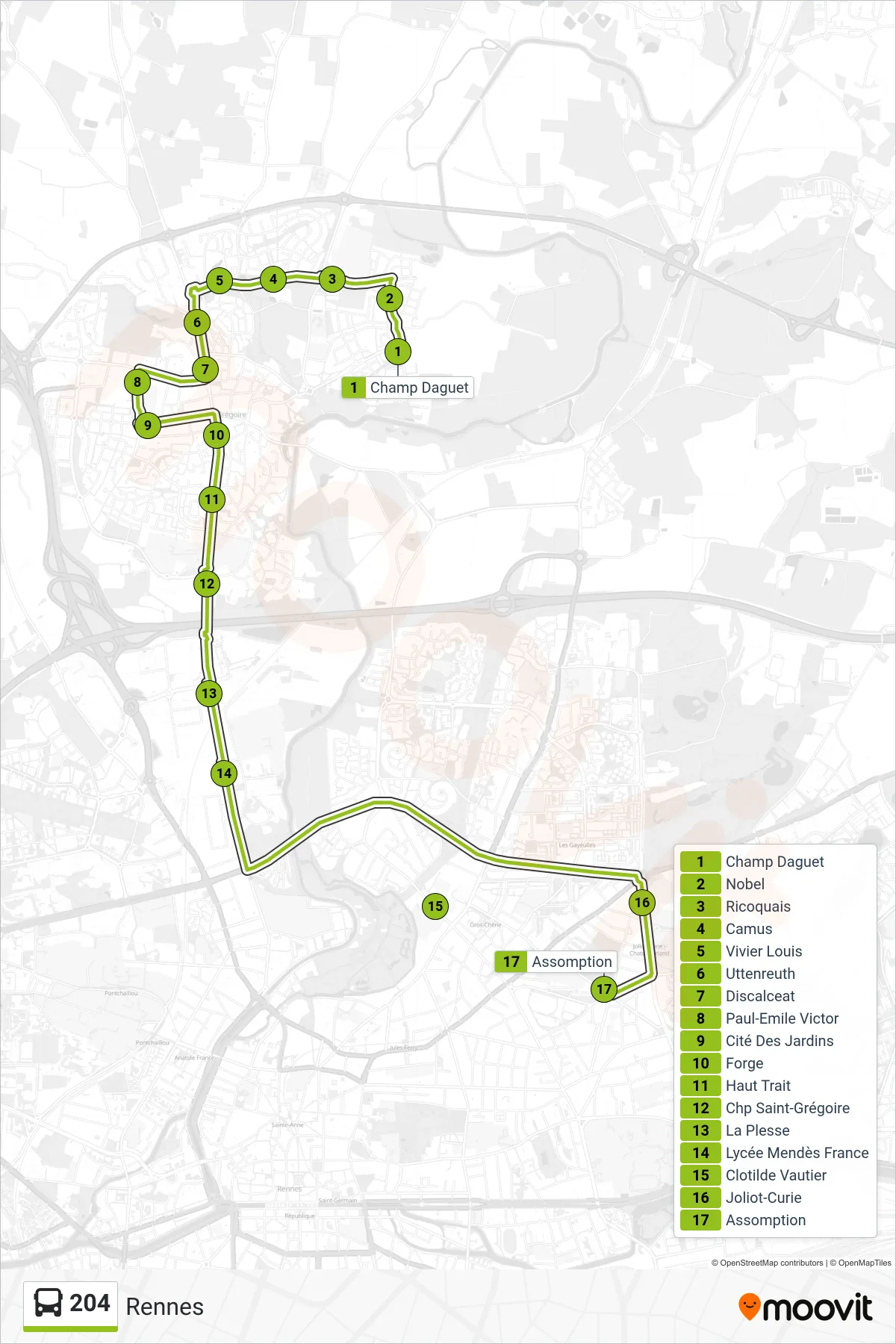 Tracé et arrêts de la ligne 204 de bus (Rennes) sur une carte