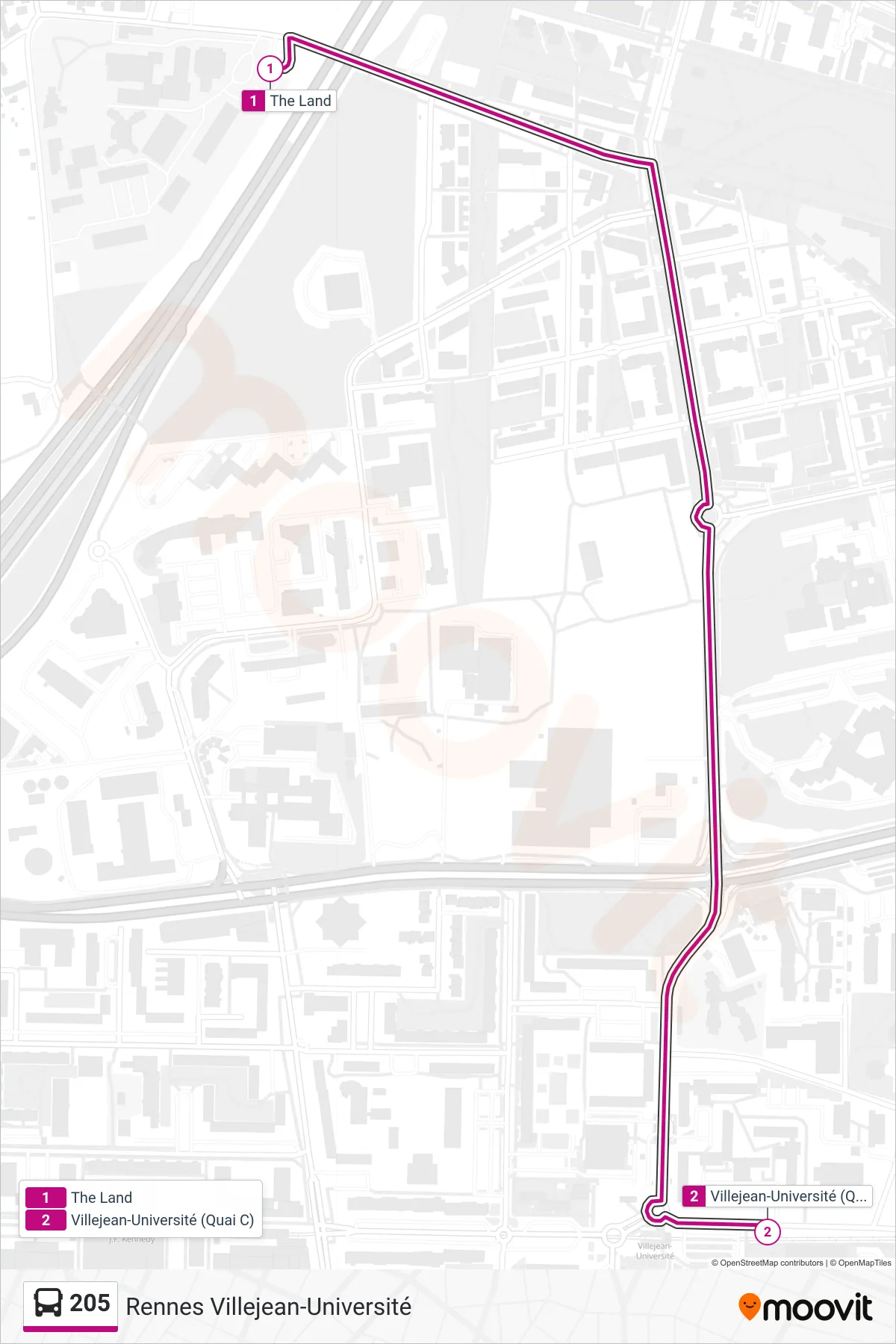 Tracé et arrêts de la ligne 205 de bus (Rennes Villejean-Université) sur une carte