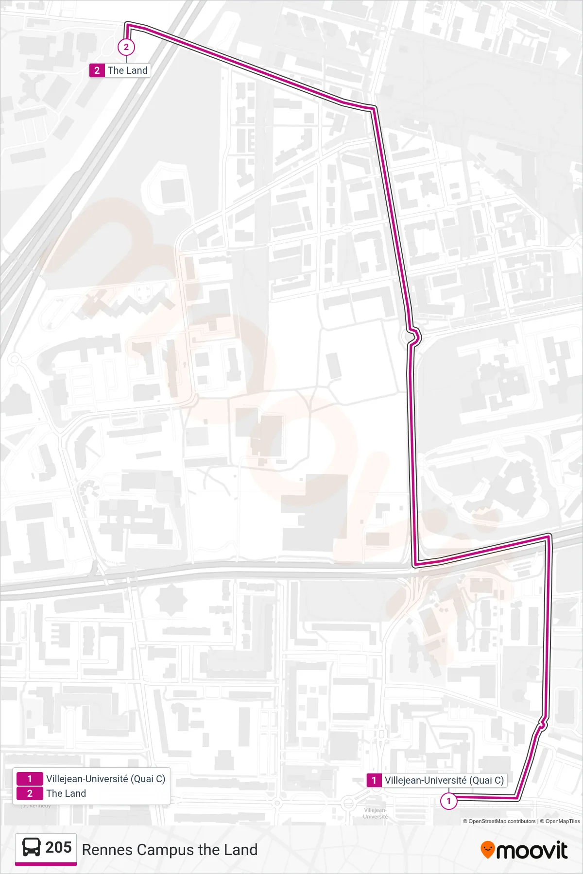 Tracé et arrêts de la ligne 205 de bus (Rennes Campus the Land) sur une carte