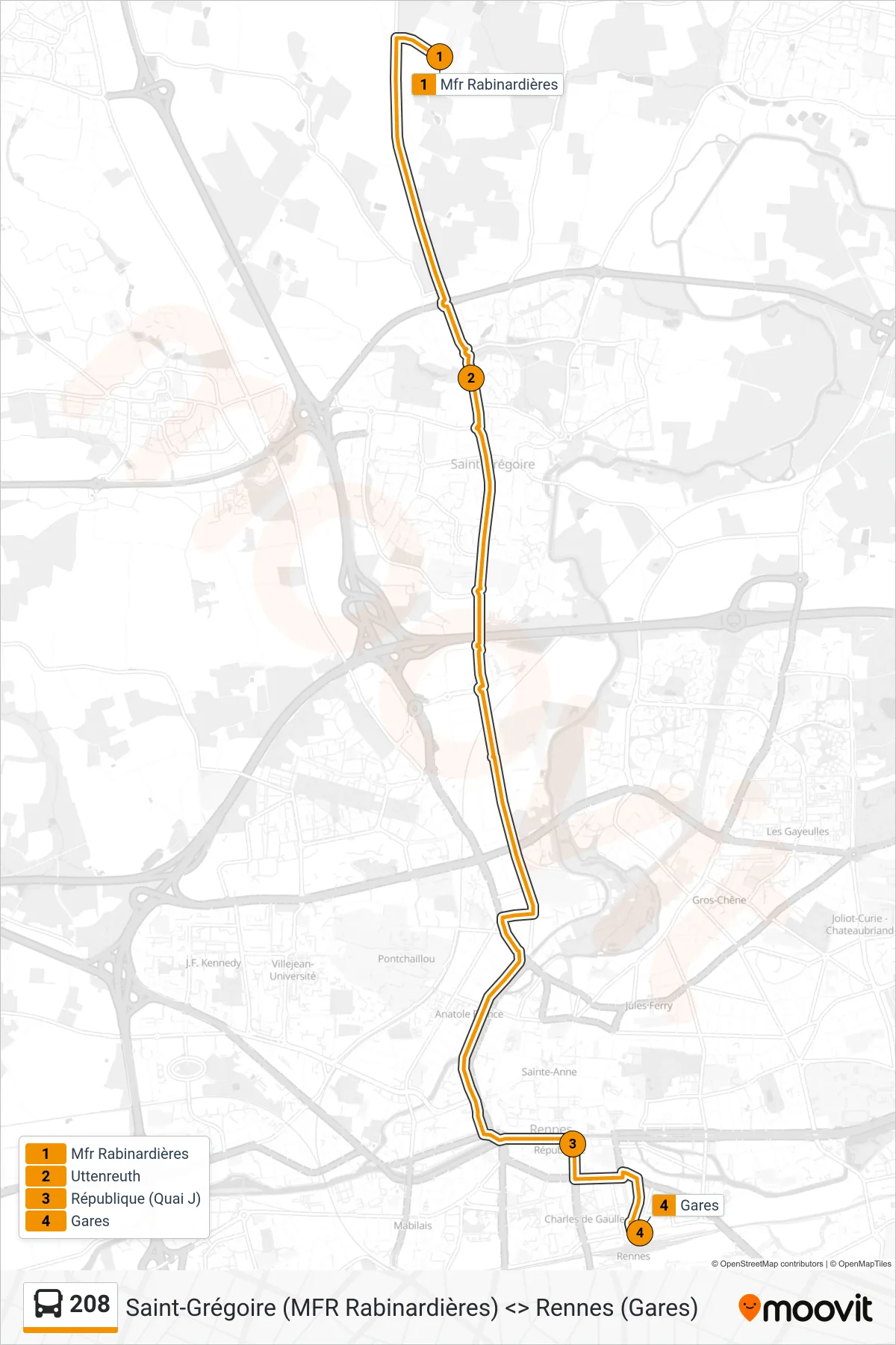 Tracé et arrêts de la ligne 208 de bus (Rennes) sur une carte