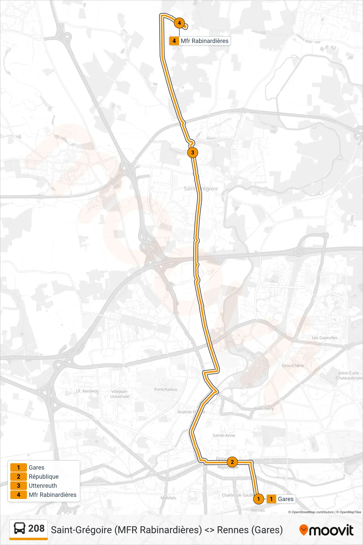 Tracé et arrêts de la ligne 208 de bus (Saint-Grégoire Mfr Rabinardières) sur une carte