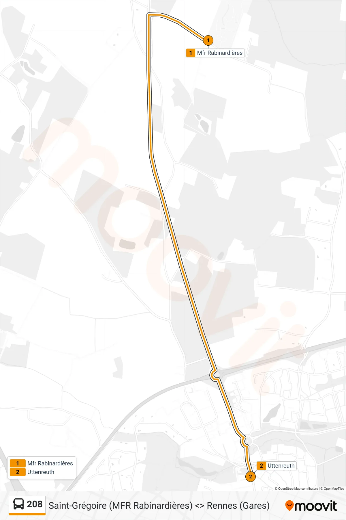 Tracé et arrêts de la ligne 208 de bus (Saint-Grégoire Uttenreuth) sur une carte