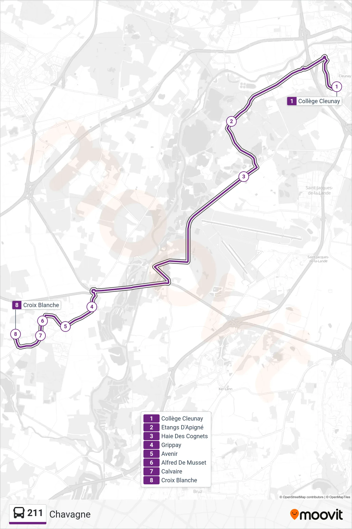 Tracé et arrêts de la ligne 211 de bus (Chavagne) sur une carte