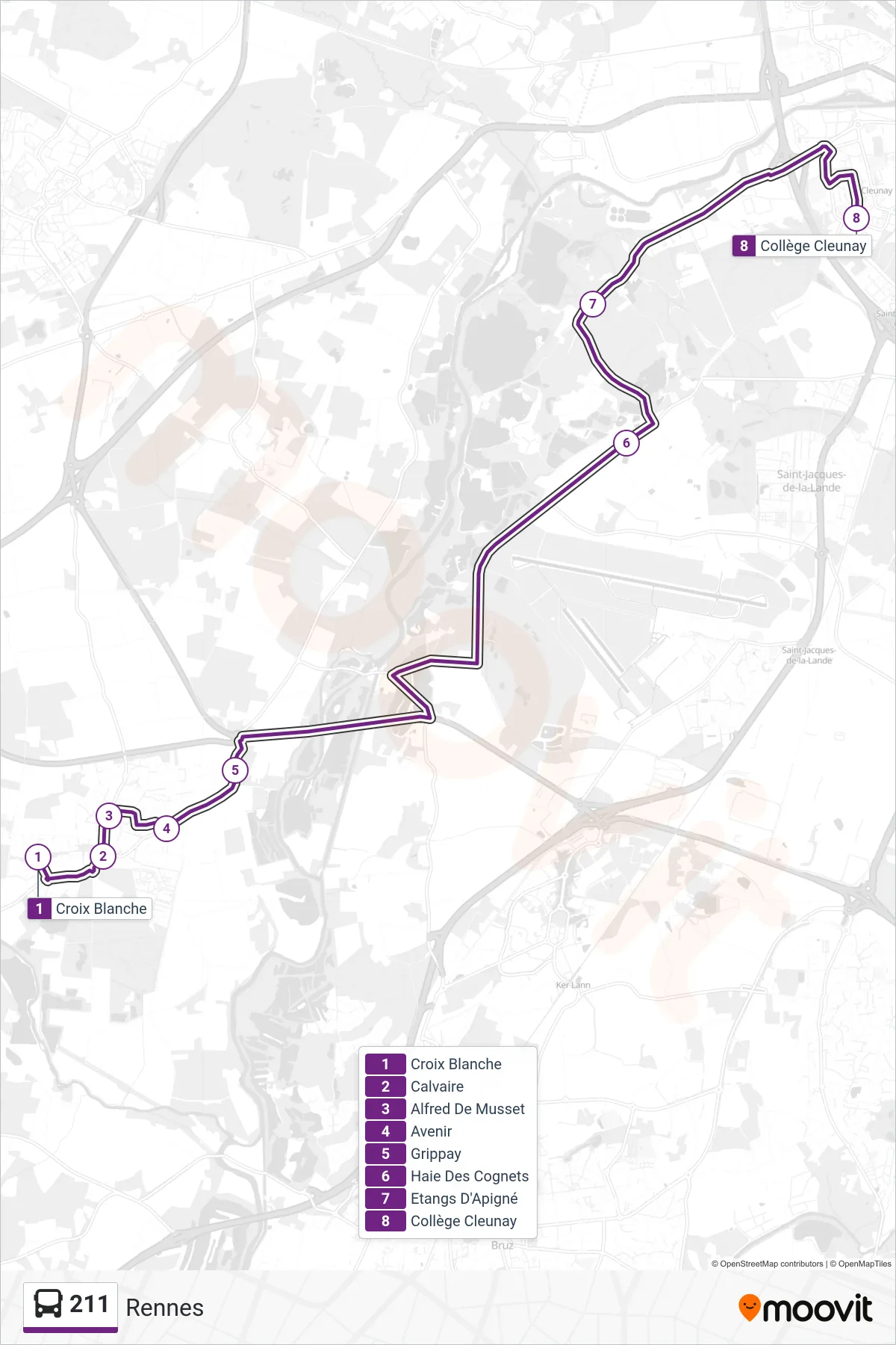 Tracé et arrêts de la ligne 211 de bus (Rennes) sur une carte
