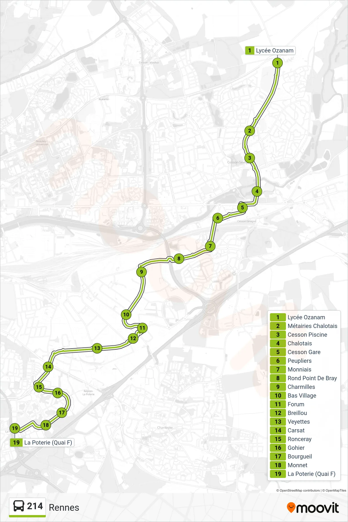 Tracé et arrêts de la ligne 214 de bus (Rennes) sur une carte