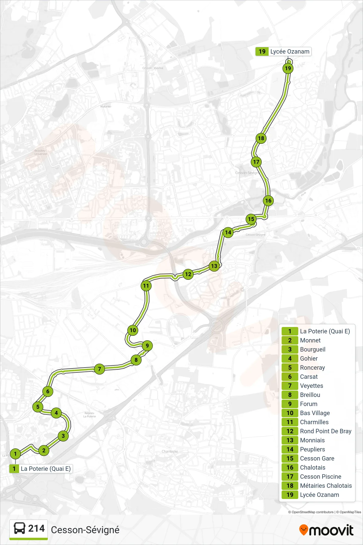Tracé et arrêts de la ligne 214 de bus (Cesson-Sévigné) sur une carte