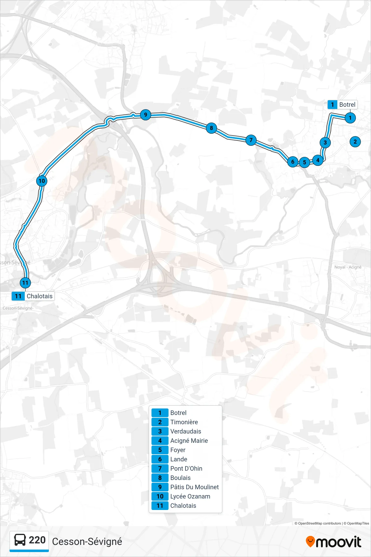Tracé et arrêts de la ligne 220 de bus (Cesson-Sévigné) sur une carte