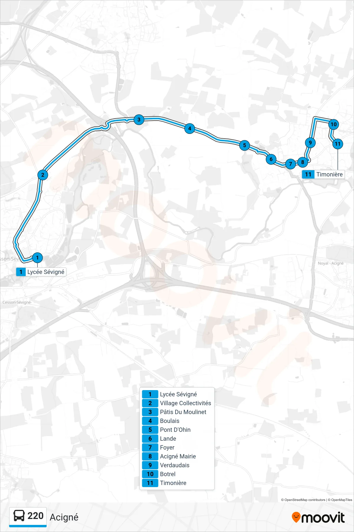 Tracé et arrêts de la ligne 220 de bus (Acigné) sur une carte