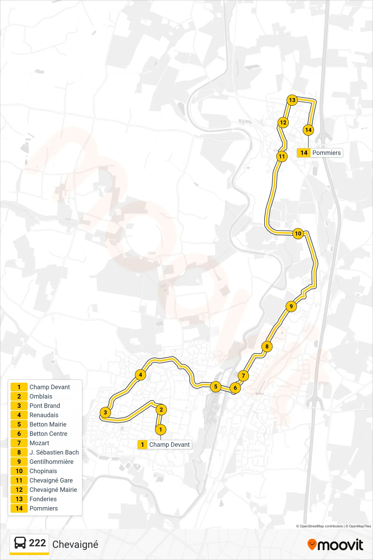 Tracé et arrêts de la ligne 222 de bus (Chevaigné) sur une carte