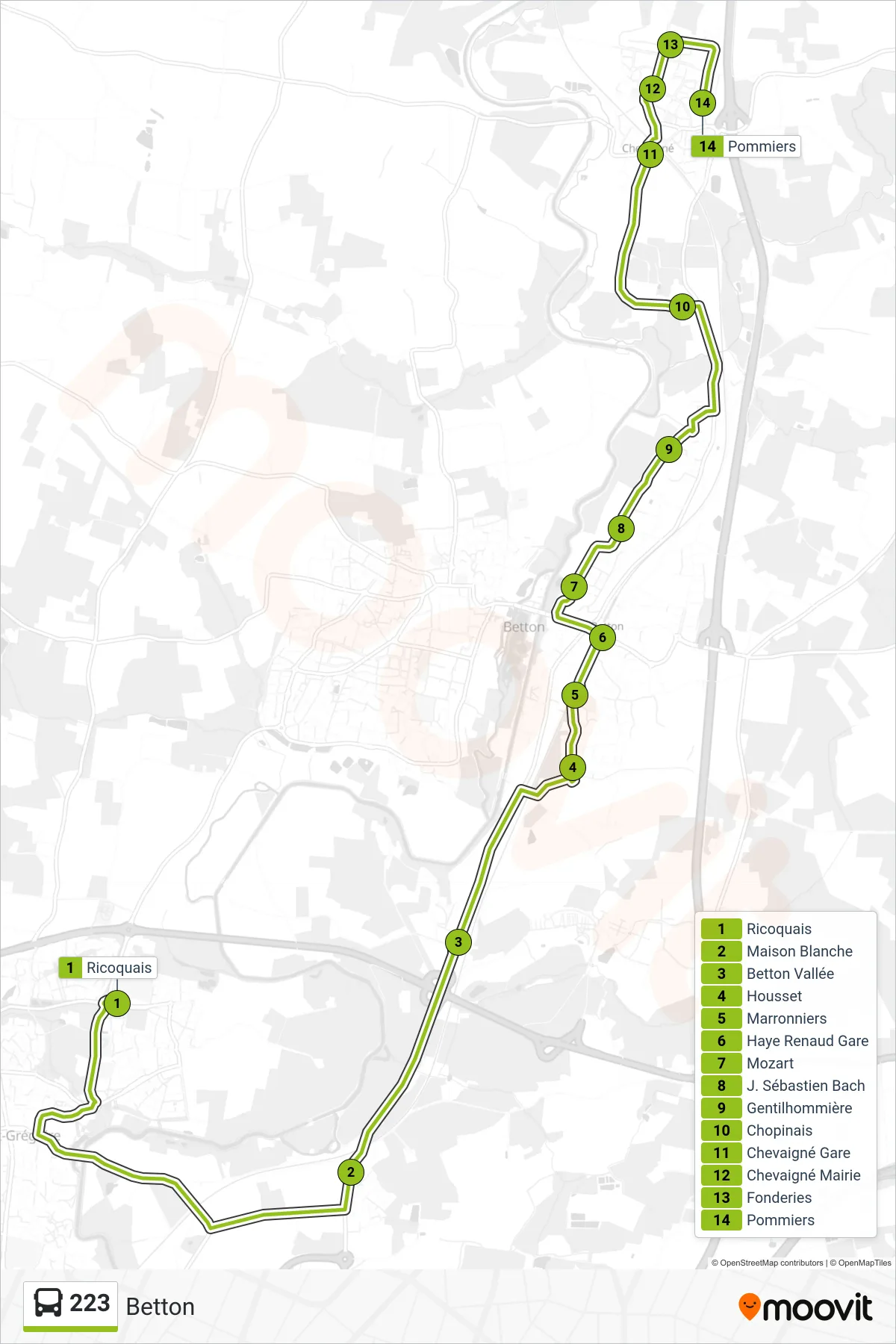 Tracé et arrêts de la ligne 223 de bus (Betton) sur une carte