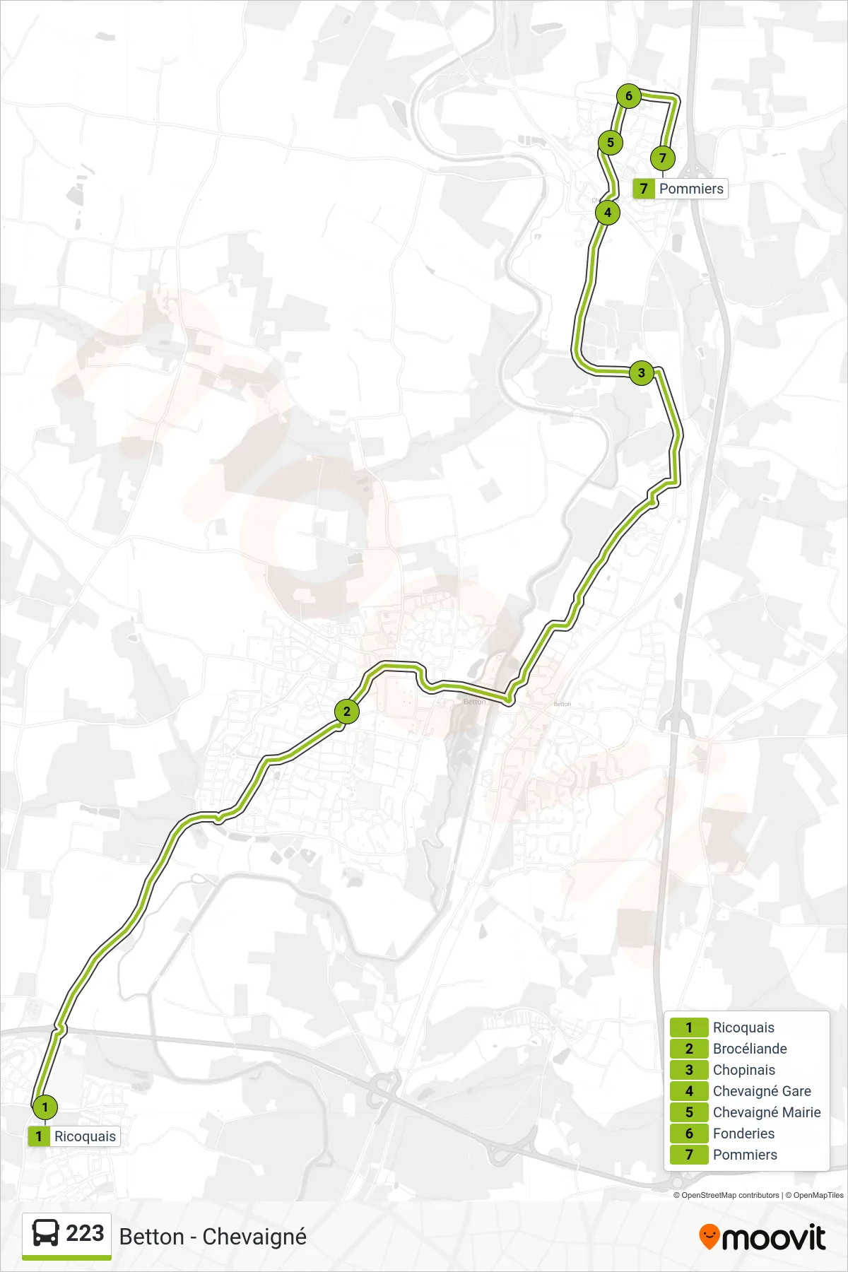 Tracé et arrêts de la ligne 223 de bus (Betton - Chevaigné) sur une carte