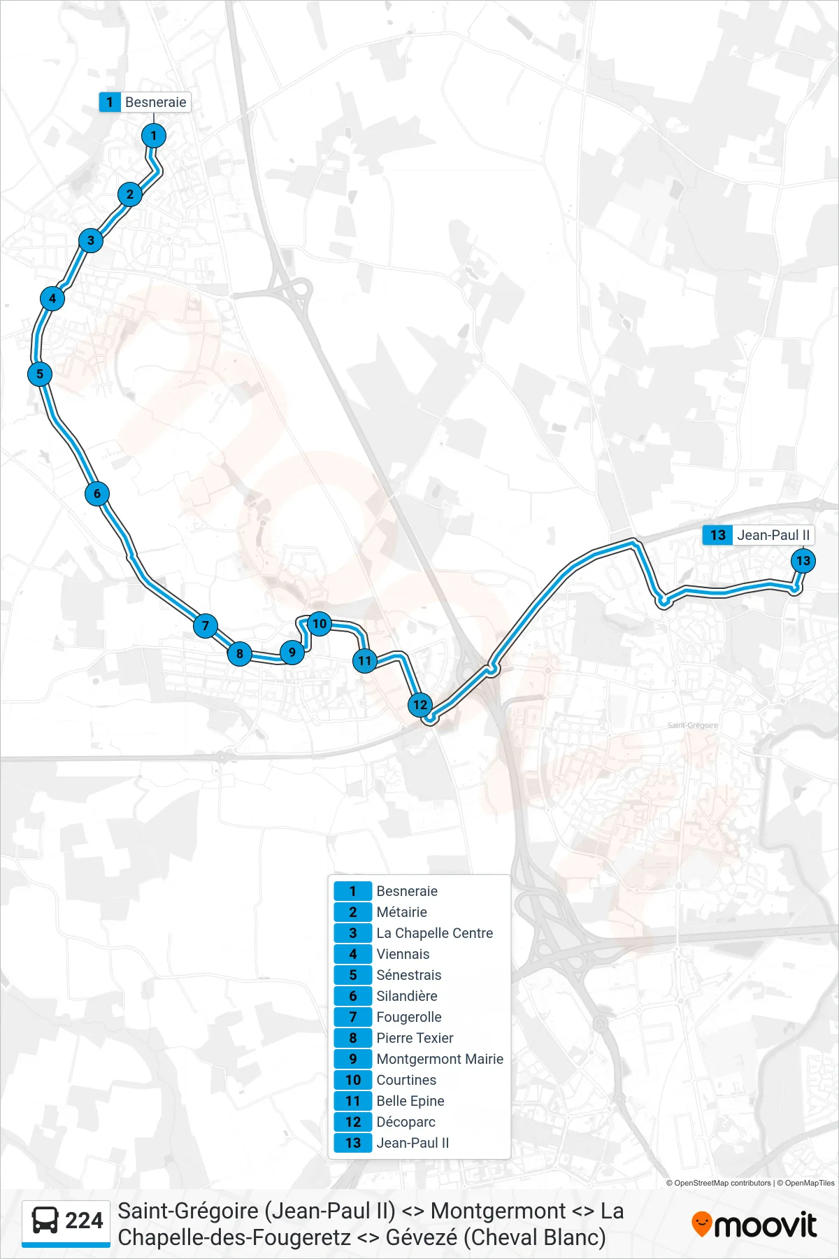 Tracé et arrêts de la ligne 224 de bus (Saint-Grégoire) sur une carte