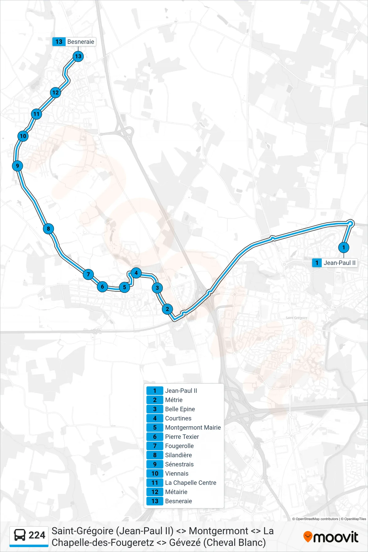 Tracé et arrêts de la ligne 224 de bus (Montgermont - La-Chapelle-Des-Fougeretz - Gévezé) sur une carte